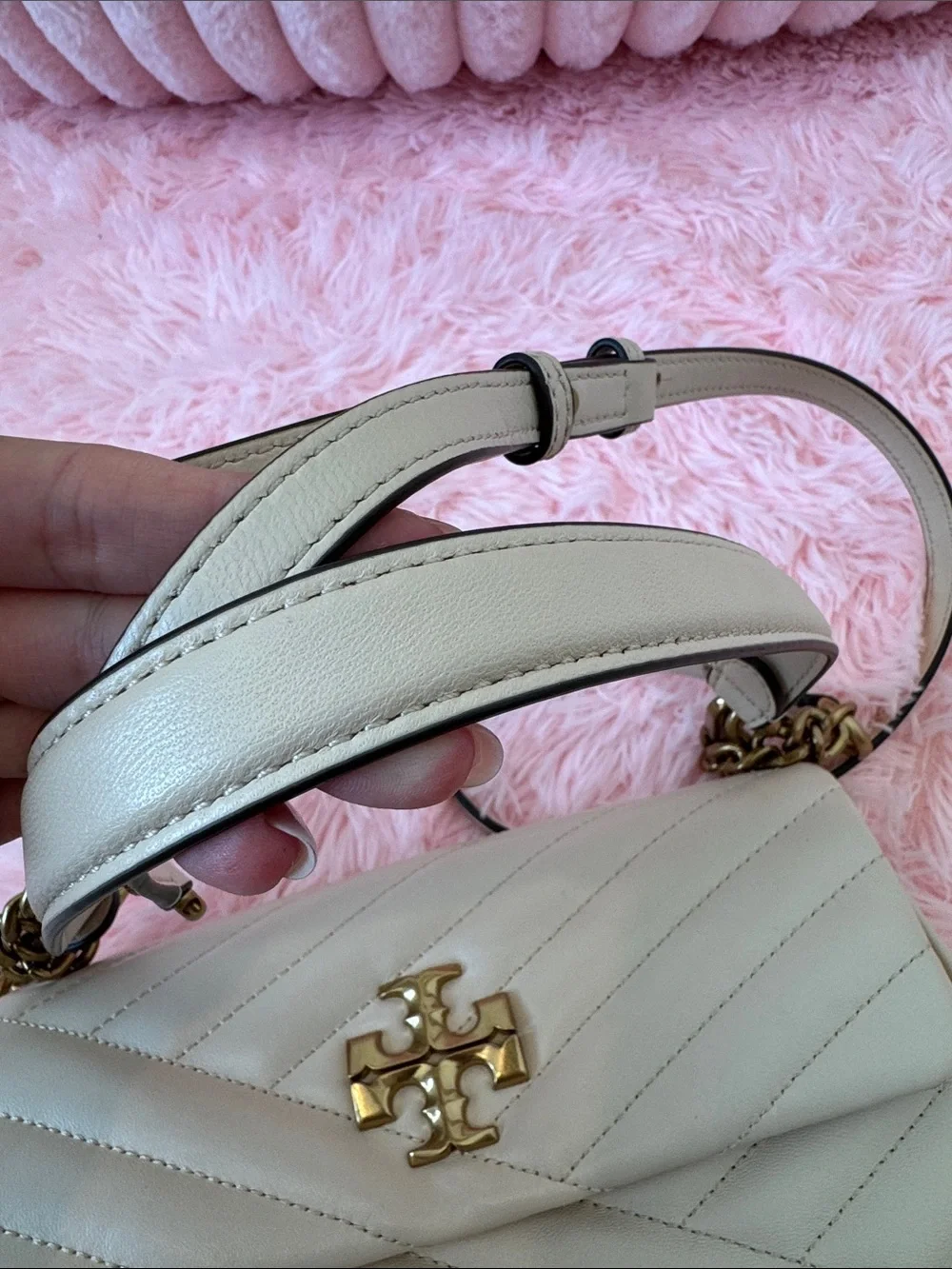 Tory Burch Cream Quilted Leather Crossbody with Gold Logo